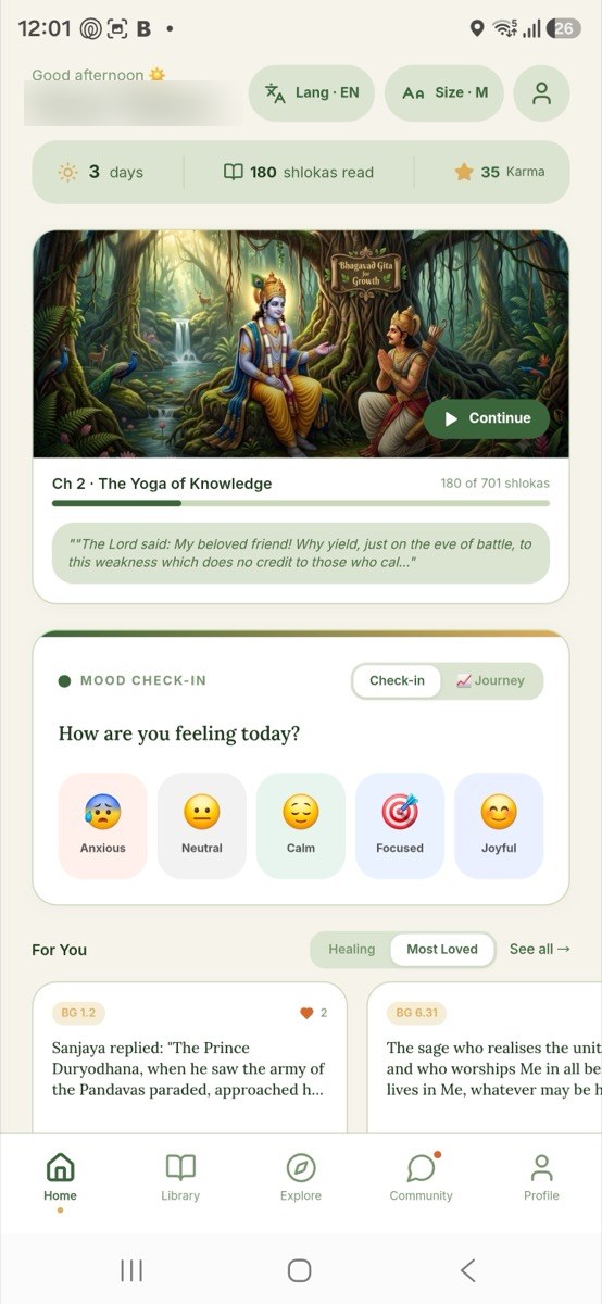 Gita for Growth app — Home screen with reading progress and mood check-in